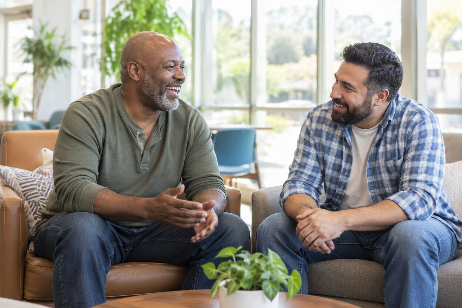 Andre sharing a warm conversation with a friend in a bright community center