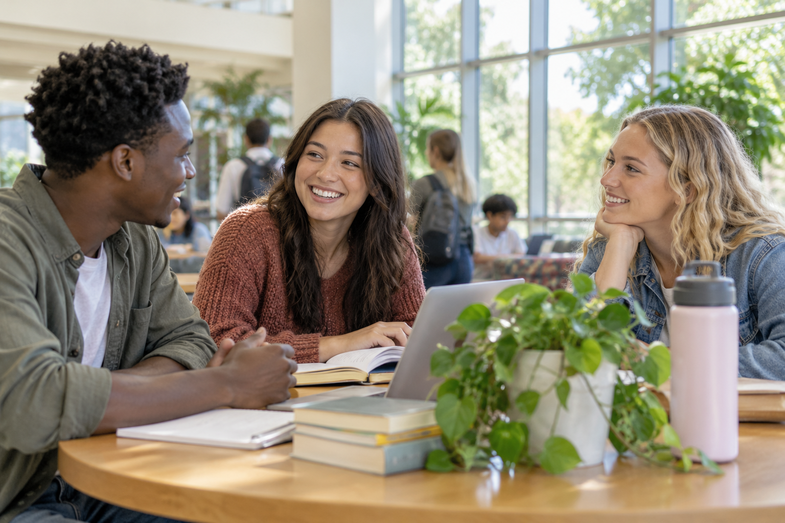 Naomi laughing with friends in a bright college commons