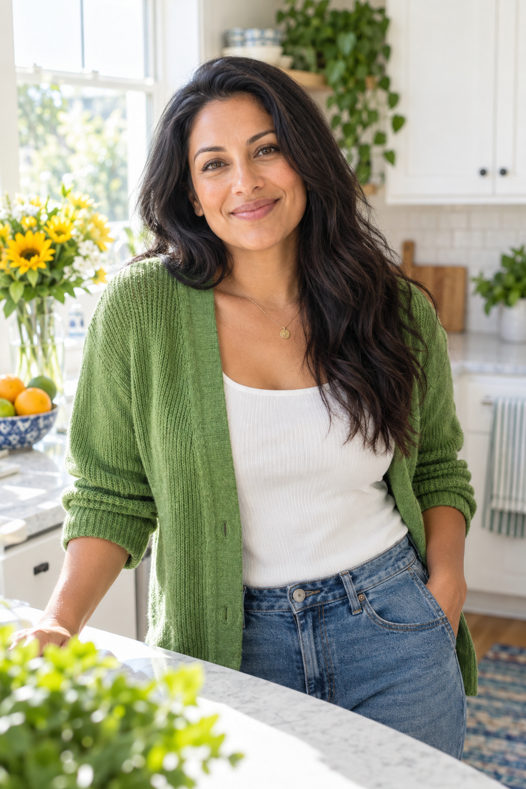 Fictional storyteller Maya standing in a bright home kitchen
